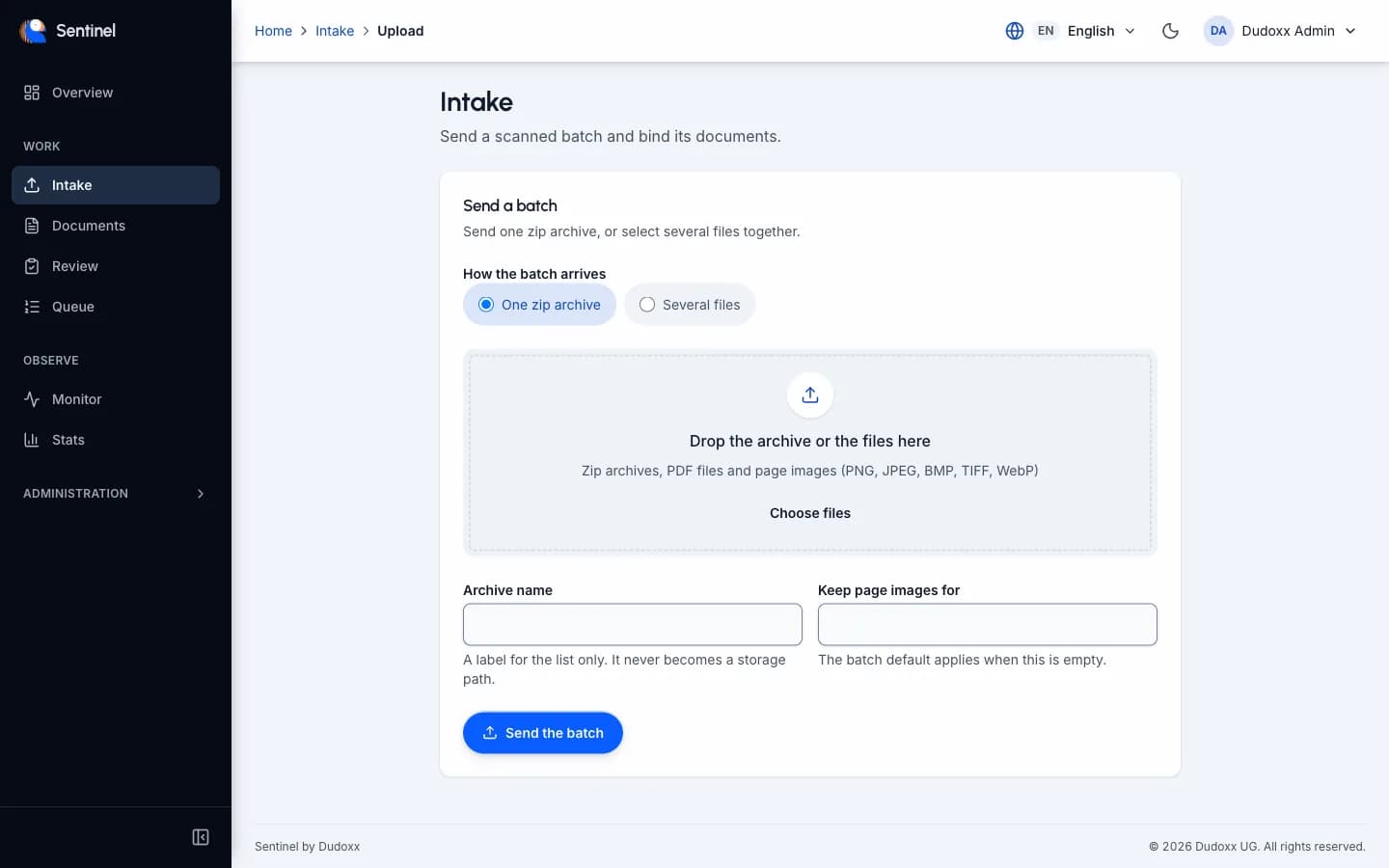The Sentinel intake screen: a drop area for one archive or several files, a name for the batch and a send button.