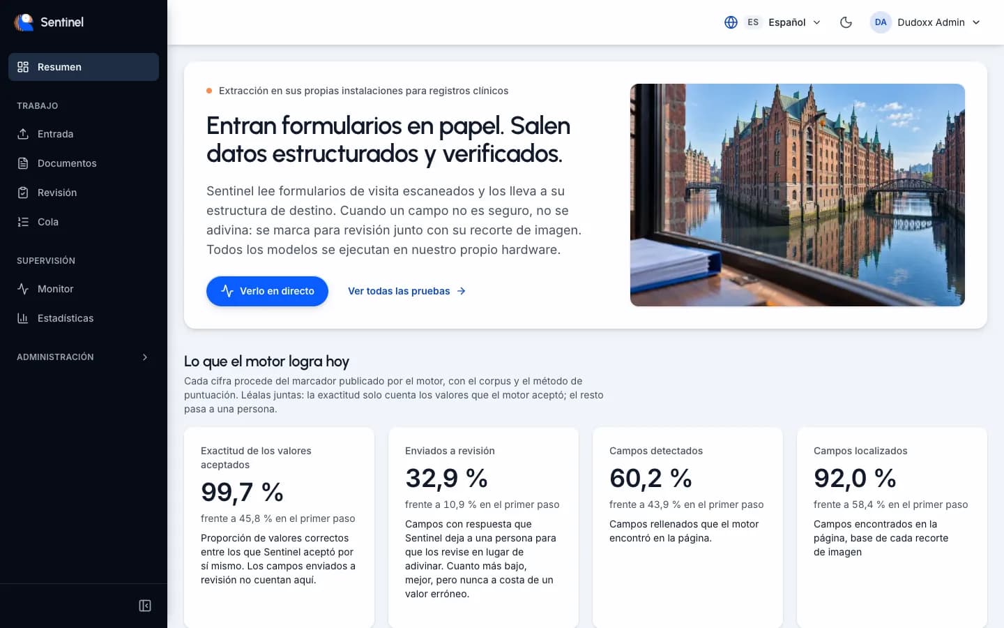 La vista general de Sentinel: indicadores de calidad de las respuestas aceptadas, las respuestas enviadas a revisión, los campos encontrados y las páginas por hora.