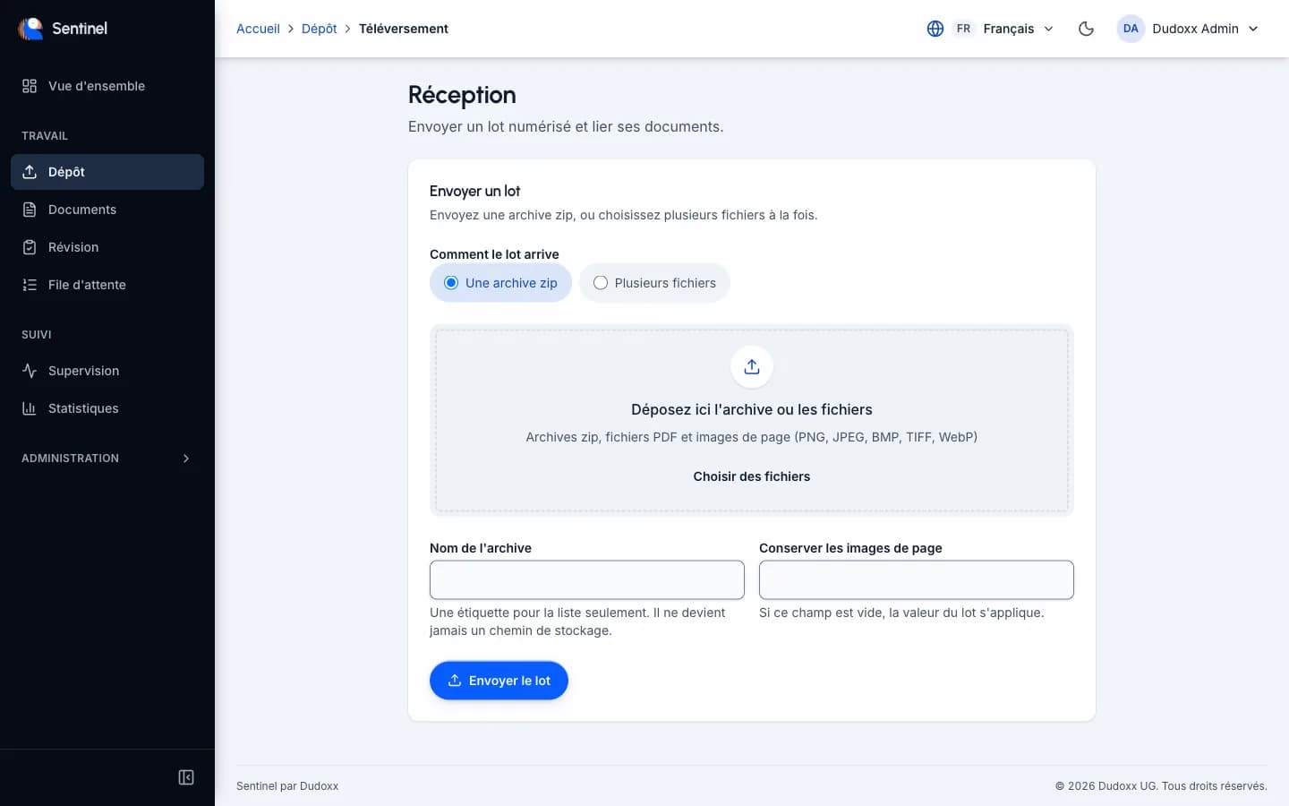 L’écran de réception de Sentinel : une zone de dépôt pour une archive ou plusieurs fichiers, un nom pour le lot et un bouton d’envoi.